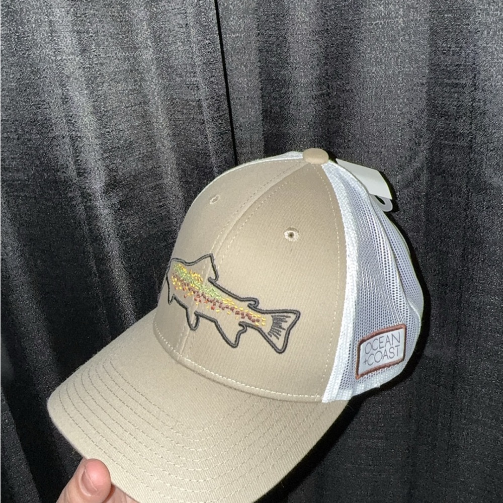 Ocean & Coast Tan and White Fish Embroidered Cap